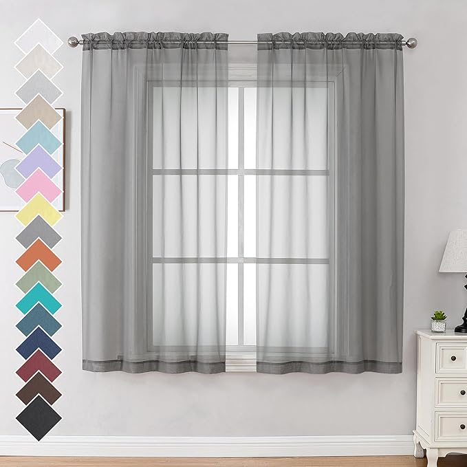 OVZME 2 Panels Sheer Curtains 63 Inches Long Rod Pocket Light Weight Soft Voile Drapes Curtains for Basement Bathroom Bedroom Living Room, Each is 42W x 63L