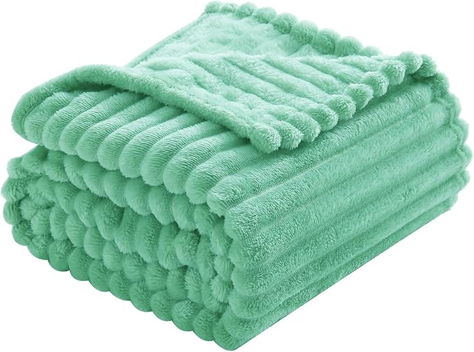 Mint Green Fleece Throw Blanket 60”×80” for Couch Sofa Bed,Super Soft Cozy Plush Microfiber Flannel Blanket with Stripes Design Lightweight for Adults,Woman,Girls