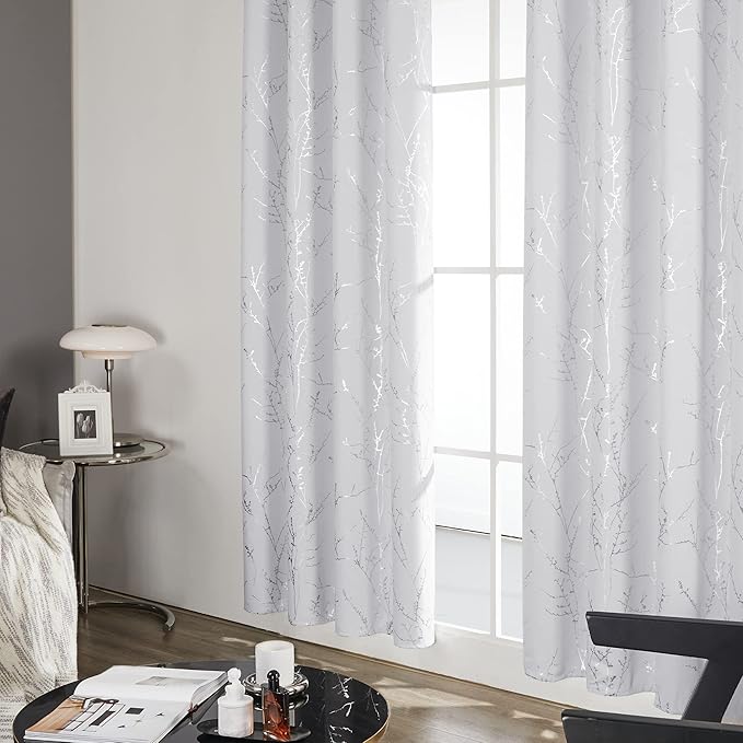 Deconovo Greyish White Curtains, Room Darkening Curtain, Thermal Insulated Soundproof Drapes, Silver Branch Print, 42 x 84 Inch Long, Grommet Window Panels for Living Room Bedroom Nursery, Set of 2