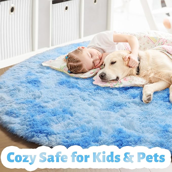 Amdrebio Tie-Dyed Light Blue Round Circle Rug 4Ft for Girls Bedroom, Soft Fluffy Cute Area Rugs for Kids, Boys Room Decor, Stitch Plush Shaggy Fuzzy Carpet for Baby Nursery Classroom Dorm Playroom
