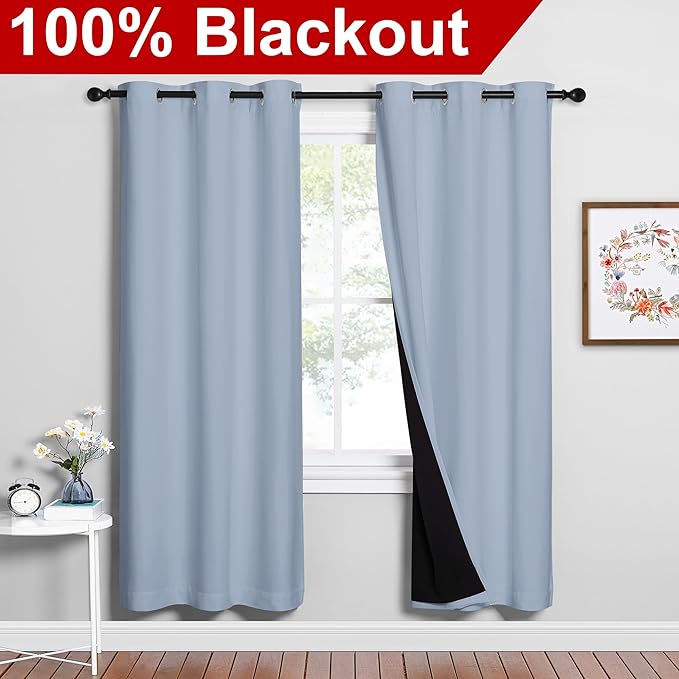 NICETOWN 100% Blackout Window Curtain Panels, Vintage Blue, 2 Pieces, 42-inch Wide Per Panel, Full Light Blocking Drapes with Black Liner for Nursery, 72-inch Drop Thermal Insulated Draperies