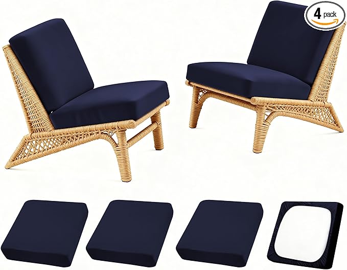 Patio Stretch Cushion Covers, Chair Cushion Covers& Sofa Replacement Slipcovers for Patio Furniture Cushion Covers, Washable Reusable Furniture Protector (4, Navy)