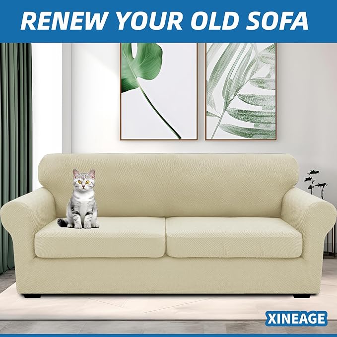 XINEAGE New 3 Pieces Couch Covers for 2 Extra Large Cushion Sofa Super Stretch Sofa Cover for 2 Large Seat Universal Loveseat Slip Cover for Living Room (Light Beige), 71"-91"(2 Cushions)