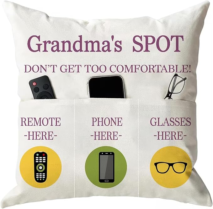 ONFAON Grandma Gifts, Grandma's Spot Throw Pillow Covers 18x18 Inch,Put Phone Glasses and Remote Control Pillowcase,Birthday Christmas Thanksgiving Day Gifts for Grandma Mom,3-Pocket