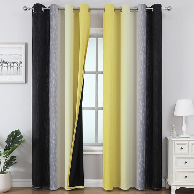 Estelar Textiler Yellow and Black Ombre Blackout Curtains 102 Inch Long, Thermal Insulated Grommet Drapes for Bedroom, Full Room Darkening Gradient Curtains for Living Room, 52Wx102L, 2 Panels
