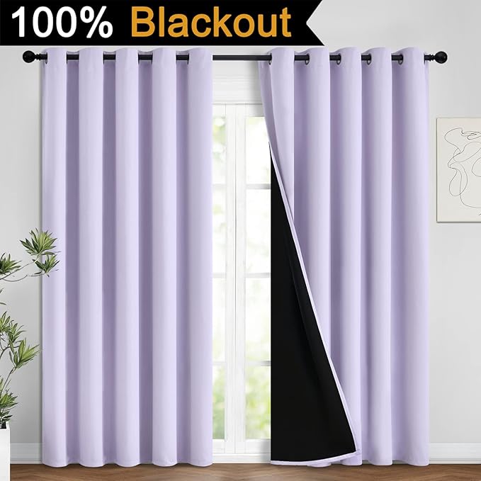 Yakamok 100% Blackout Lined Panels, Room Darkening Thermal Insulated Blackout Curtains for Bedroom, Heat Blocking Drapes for Living Room(62Wx84L, Lilac, 2 Panels)