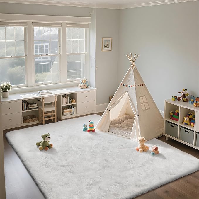 Shag Area Rugs for Bedroom Living Room,4X6 Ultra Soft White Fluffy Area Rugs for Dorm, Indoor Carpet Nursery Rugs for Kids Room Home Decor,White