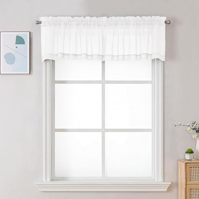 Chyhomenyc Sheer White Valances for Windows 2 Pack, Small Window Curtains for Living Room Bathroom Cafe Laundry Basement, Modern Top Dual Rod Pocket Voile Curtain, 42W x 18L inches, White