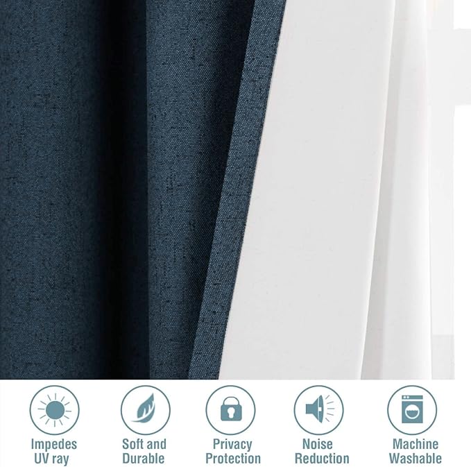 H.VERSAILTEX Primitive Linen Curtains 100% Blackout Curtain Drapes Burlap Fabric Curtains with White Thermal Insulated Liner, Grommet Top Drapes Living Room/Bedroom (2 Panels, 42 x 45 Inch, Navy)