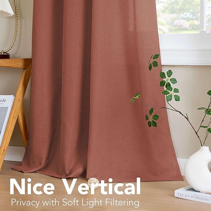 H.VERSAILTEX Living Room Linen Curtains Semi Sheer Curtains Nickel Grommet Curtain Energy Saving Light Filtering Window Treatments Panels for Bedroom, Rust, 2 Panels, 52 x 108 - Inch
