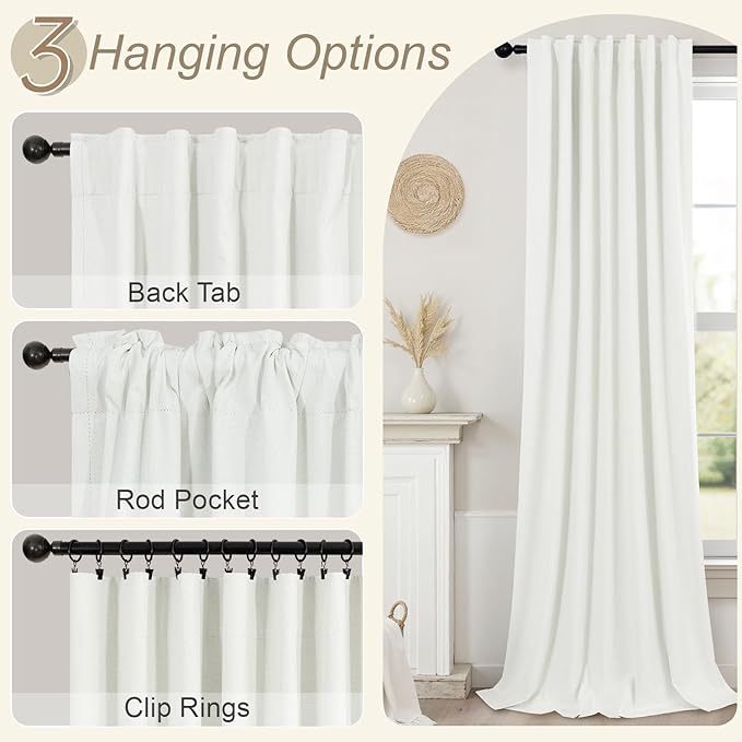 Ivory Blackout Curtains 90 Inches Long 2 Panel Light Blocking Patio Drape for Sliding Glass Doors Rustic Country Curtain for Nursery Bedroom Thick Linen Cotton Textured Off White Back Tab Pocket 52x90