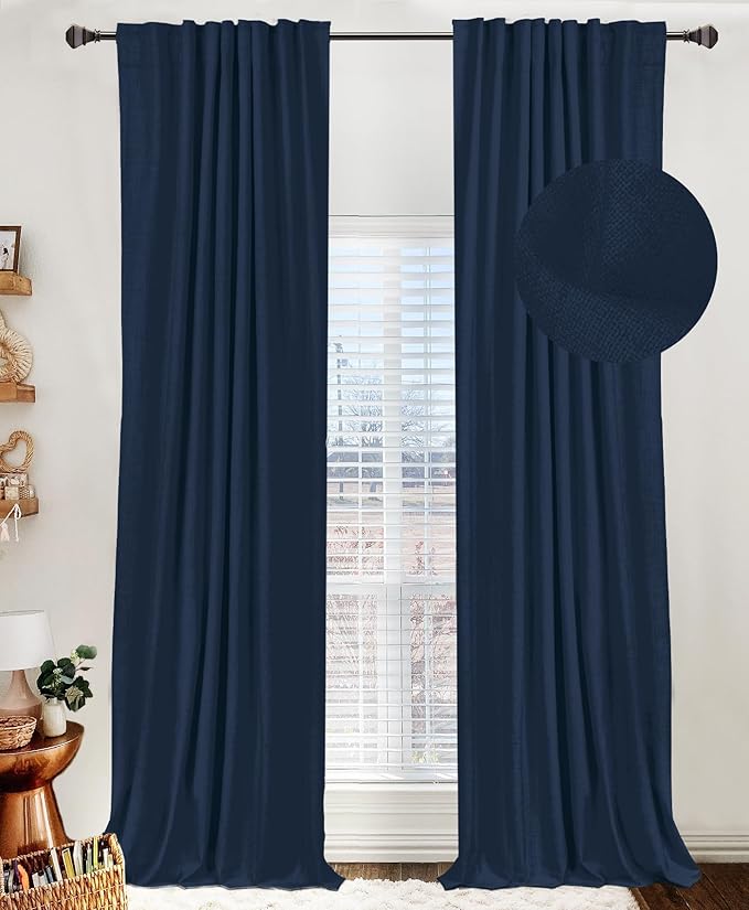 100% Blackout Shield Linen Blackout Curtains for Bedroom 72 Inches Long, Back Tab/Rod Pocket Living Room Drapes, Thermal Insulated Blackout Curtains 2 Panels Set, 50" W x 72" L, Midnight Blue