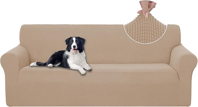 U-NICE HOME Stretch Couch Cover Sofa Covers for 3 Cushion Couch Slipcover with Elastic Bottom Furniture Protector for Dogs, Spandex Jacquard Soft Fabric (Large, Camel)