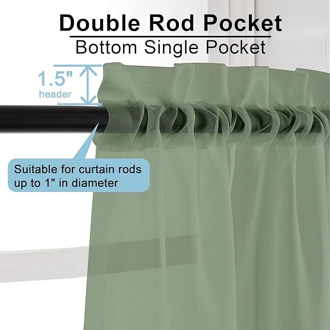 OWENIE Short Sheer Curtains 30 Inches 2 Panels Set, Kitchen Tiers Light Filtering Rod Pocket Cafe Curtains for Kitchen Bathroom Small Half Window, 42 in W x 30 in L, Sage Green