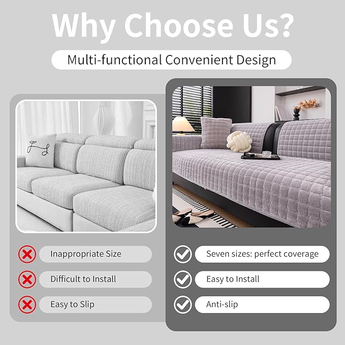 Velvet Couch Cover, Washable Sectional Sofa Cover, Anti Slip Sofa Slipcovers for 3 Cushion Couch Sofa L Shaped Recliner, Furniture Protector Covers for Pets Kids(Light Grey, Only 1 PCS)