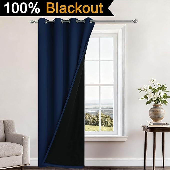 Yakamok 100% Blackout Curtains 84 Inches Long, 2 Thick Layers Heat and Full Light Blocking Soft Thermal Insulated Drapes for Bedroom(52" Wide Each Panel, Navy Blue, 1 Panel)