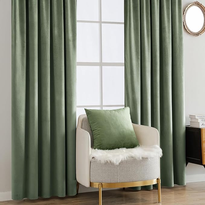 MIULEE Sage Green Velvet Curtains 96 inches Long - Luxury Blackout Curtains for Bedroom Living Room Thermal Insulated Super Soft Window Drapes Back Tab Rod Pocket, W52 x L96 inches, 2 Panels