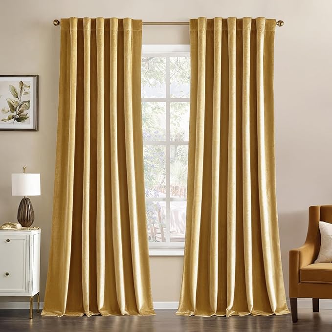 MIULEE Velvet Curtains 84 inches - Luxury Curtains for Bedroom Living Room Room Darkening Thermal Insulated Super Soft Window Drapes Rod Pocket & Back Tab, Golden, W52 x L84 inches, 2 Panels