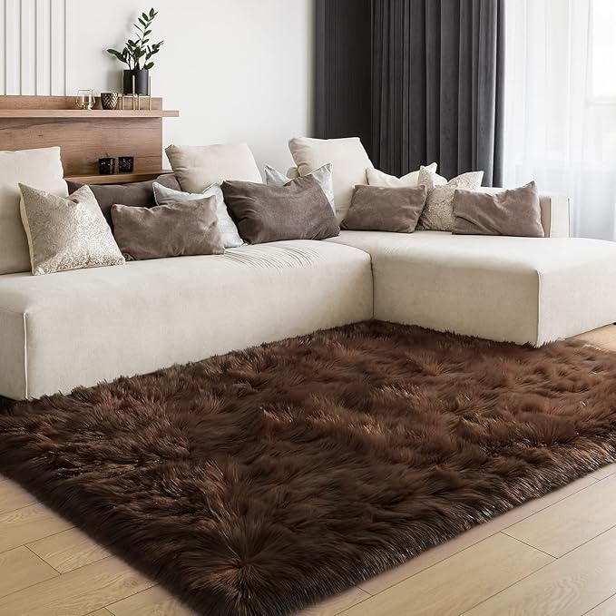LOCHAS Soft Fluffy Faux Fur Rugs for Bedroom Bedside Rug 3x5 Feet, Washable, Furry Sheepskin Area Rug for Living Room Girls Room, Luxury Shag Carpet Home Decor, Brown