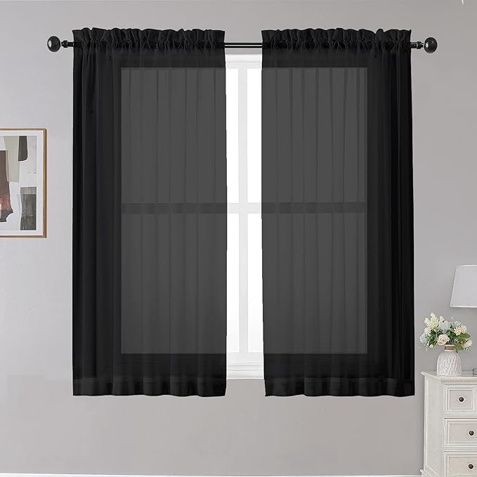 OWENIE Black Sheer Curtains, 45" Long Light Filtering Tiers for Kitchen, Basement, Bedroom - 2 Panels, Cafe Curtains for Small Windows, 42" W x 45" L