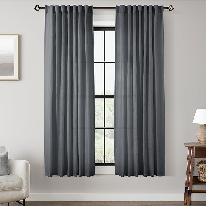 Dark Gray Curtains for Living Room Back Tab Modern Farmhouse Semi Sheer Gray Curtains 63 inches Long 2 Panels Set Muted Neutral Window Curtain for Dining Room Bedroom 52x63