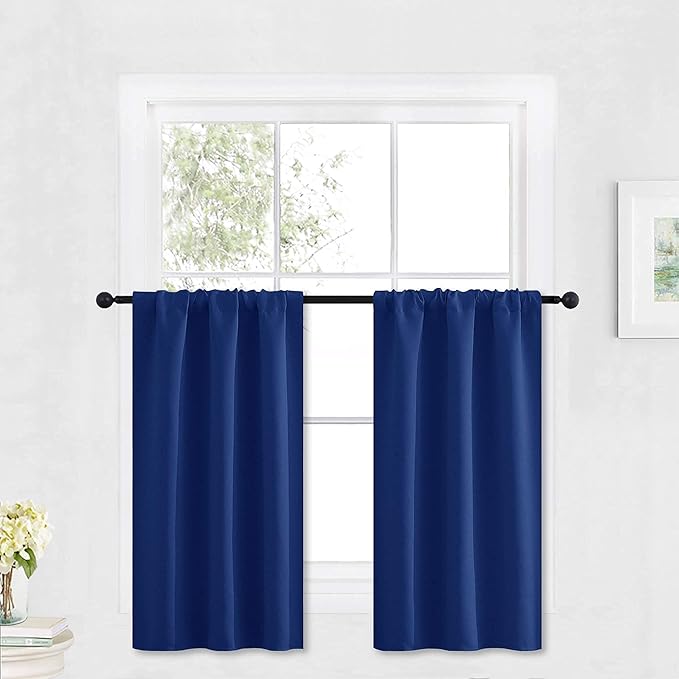 RYB HOME Kitchen Blackout Curtains Over Sink 36 inch Length, Rod Pocket Summer Light UV Blocking Energy Efficient, Cabinet Shelf Cupboard Coverings, Width 29 by Length 36, Marine Blue, 2 Panels
