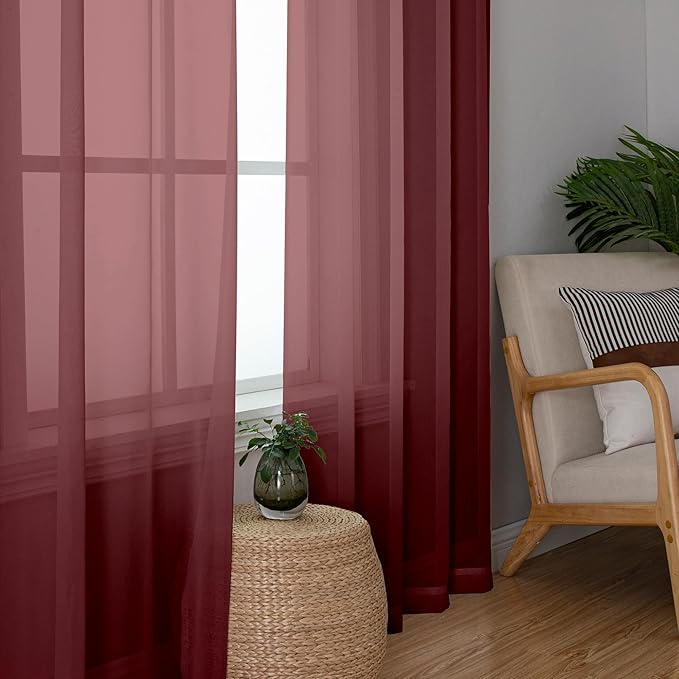 OWENIE Sheer Curtains, Sheer Curtains 78 inch Length 2 Panels Set, Rod Pocket Voile Fimly Sheer Drapes for Living Room/Bedroom, 2pcs, Each 42" W x 78" L, Burgundy