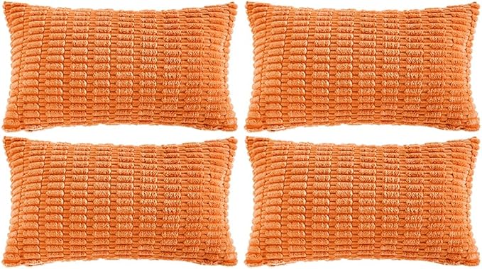Fancy Homi 4 Packs Orange Fall Decorative Throw Pillow Covers 12x20 Inch for Couch Living Room Bed Sofa, Halloween Pumpkin Autumn Home Decor, Soft Cute Plush Corduroy Striped Cushion Case 30x50 CM