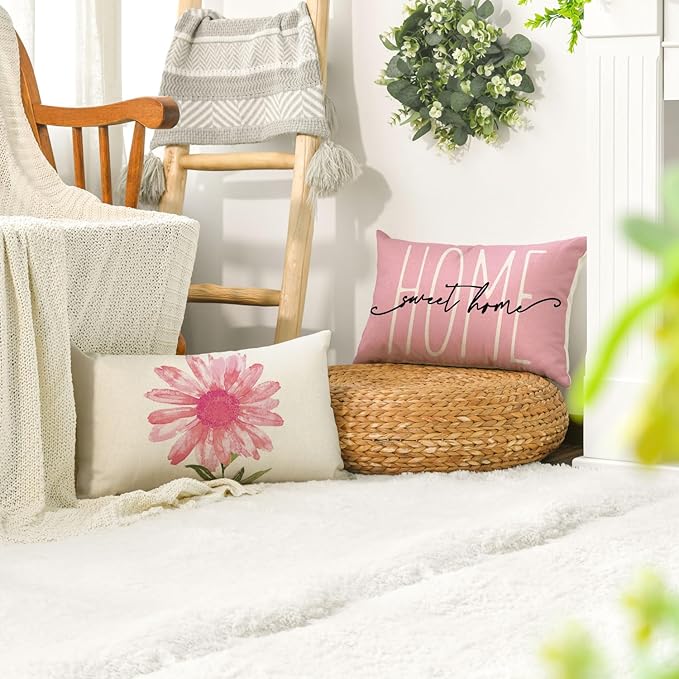 AVOIN colorlife Home Sweet Home Spring Summer Flowers Pink Throw Pillow Covers, 12 x 20 Inch Cushion Case for Sofa Couch Set of 4