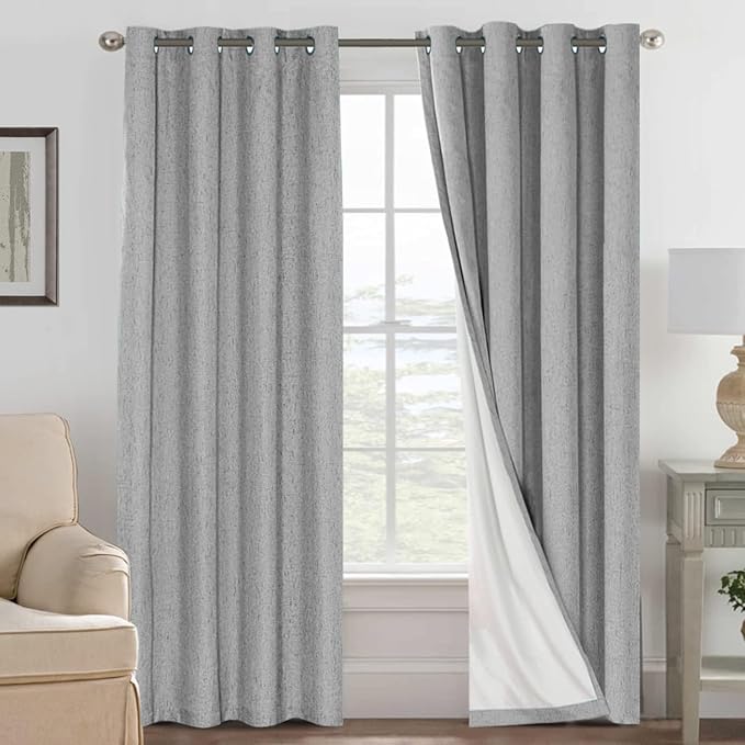 H.VERSAILTEX Linen Curtains 100% Blackout Curtains for Bedroom 102 inch Long Full Light Blocking Nature Linen Blended Window Curtains for Living Room Nickel Grommet (2 Panels, Dove Gray)