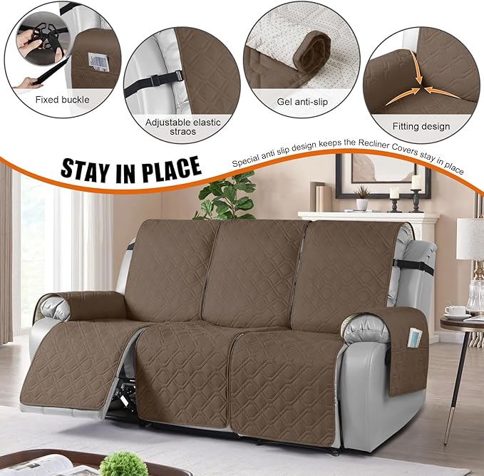 VANSOFY Waterproof Recliner Couch Covers, Sofa Covers 1-Piece Washable Reclining Sofa Cover Non-Slip Furniture Protector with Elastic Straps Pocket for Dogs, Pets(Brown,3 Seater)