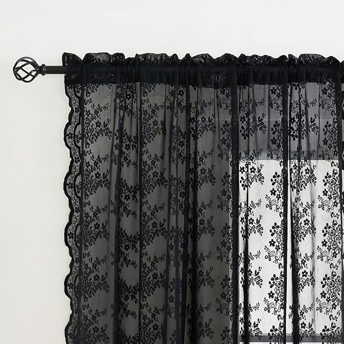 YJ YANJUN Vintage Lace Curtains 63 Inch Length-Victorian Floral Pattern Black Sheer Curtain Panels for Living Room Bedroom,Light Filtering, Gothic Witchy Halloween Drapes 2 Panels 52W x 63L