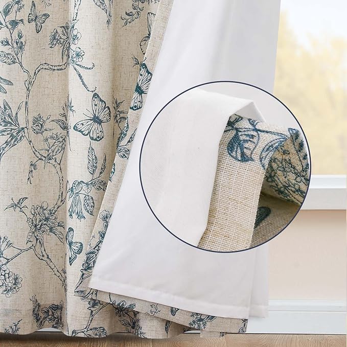 jinchan Floral Curtains Lined Linen Blend Curtain for Living Room 96 Inch Length Blue Flower Patterned Curtain French Country Farmhouse Curtains Drapes Back Tab Rod Pocket 2 Panels