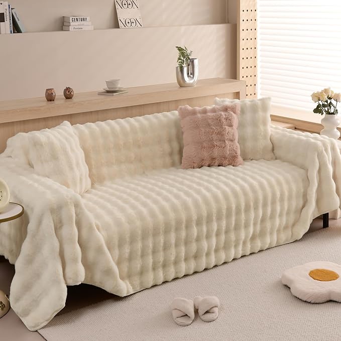 HANDONTIME Shaggy Couch Cover for Dogs Rabbit Plush Loveseat Cover Dog Couch Cover Protector Plush Faux Fur Couch Covers for Sectional Sofa Cozy Washable Sofa Covers for Living Room, 71" X134", Beige