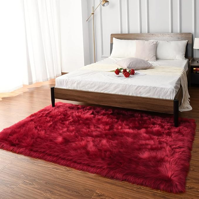 LOCHAS Soft Fluffy Faux Fur Rugs for Bedroom Bedside Rug 3x5 Feet, Washable, Furry Sheepskin Area Rug for Living Room Girls Room, Luxury Shag Carpet Home Decor, Red