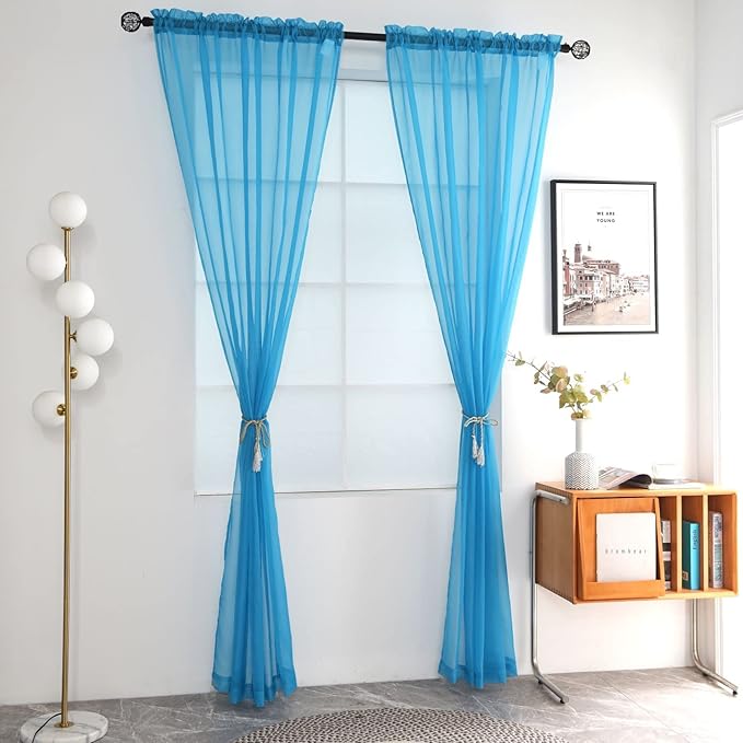 SpaceDresser Basic Rod Pocket Sheer Voile Window Curtain Panels Cyan Blue 1 Pair 2 Panels 52 Width 108 Inch Long for Kitchen Bedroom Children Living Room Yard(Cyan Blue,52 W x 108 L)