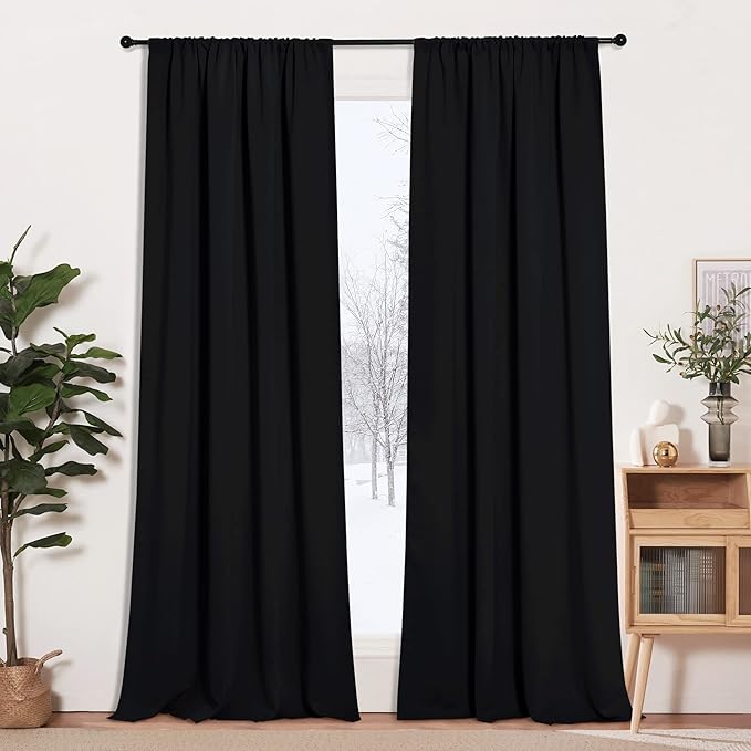 RYB HOME Blackout Curtains for Bedroom 102 inches Long, Privacy Thermal Insultaed Sunlignt Heat Blocking Drapes for Sliding Patio Door, Width 42 by Length 102, Black, 2 Panels Set