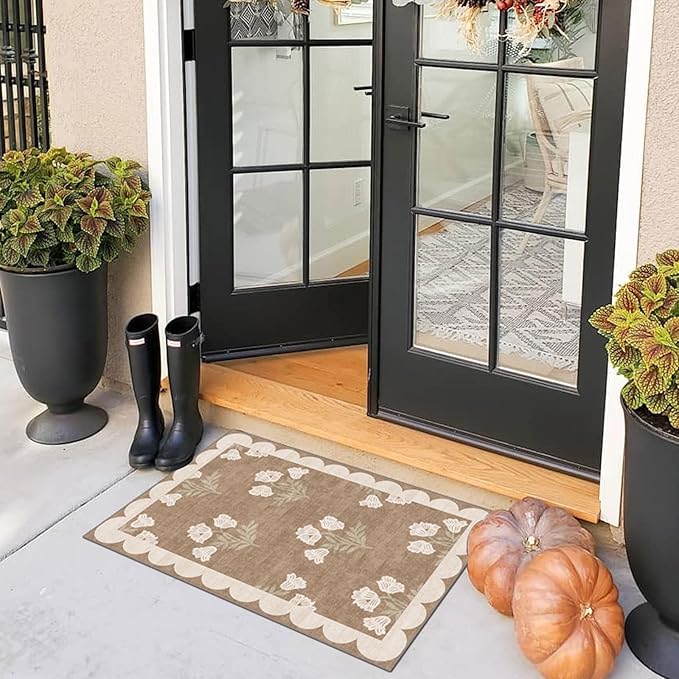 Front Door Mat Outside Entrance - 2x3 Floral Non-Slip Washable Doormat Indoor Outdoor Mat Tan Neutral Farmhouse Scalloped Entry Rug Small Throw Rugs for Entryway Kitchen Front Porch Decor