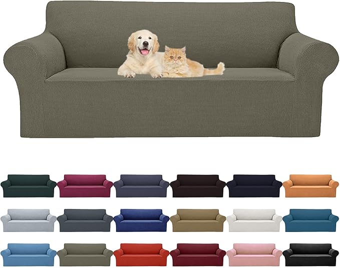 Cupuamon 2026 New Stretch Sofa Slipcovers Couch Cover for 3 Cushion Furniture Protector Sofa Covers with Elastic Bottom Jacquard Fabric Small Checks for Pets, Kids -Sofa, Khaki