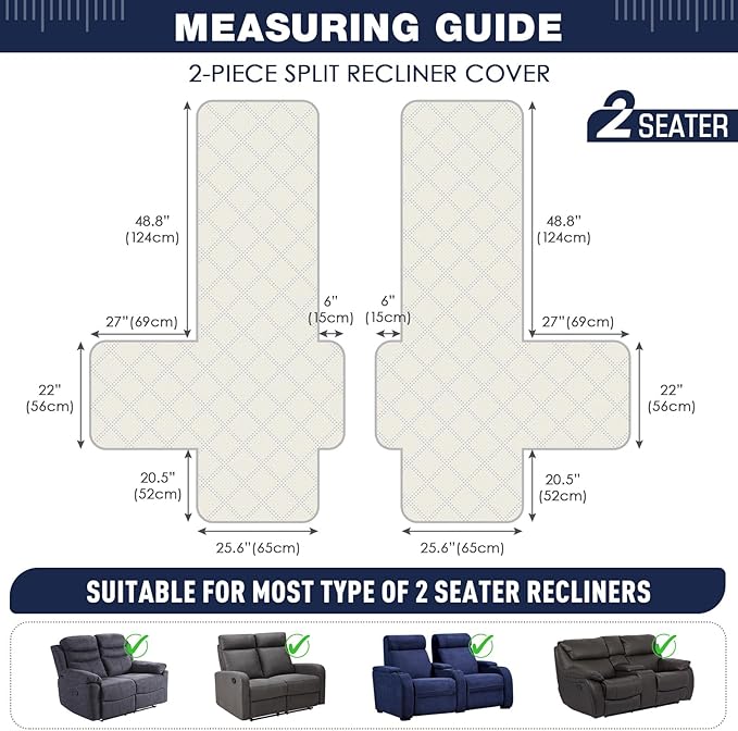 TAOCOCO 100% Waterproof Loveseat Recliner Covers 2 Seater, Split Loveseat Covers for Reclining loveseat, Non Slip Reclining Couch Cover with Double Straps for Kids, Pets(2 Seater, Ocean Blue)