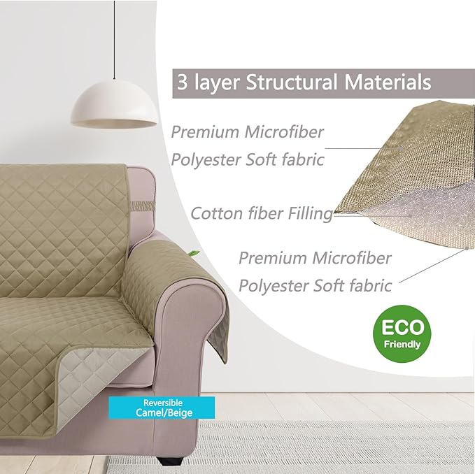 U-NICE HOME Reversible Oversized Chair Covers Quilted Water Repellent Pet Protectors with Elastic Straps(28''Armchair, Light Camel/Beige)