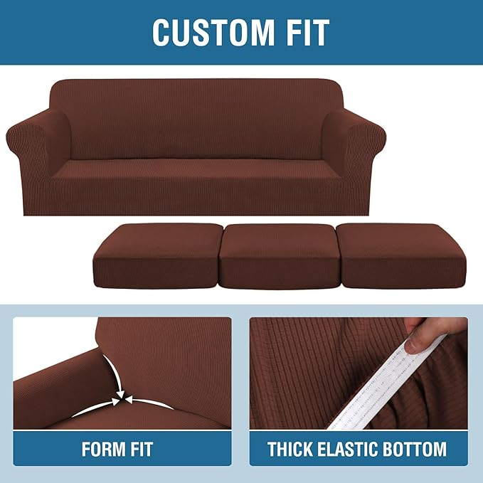 H.VERSAILTEX 4 Piece Stretch Sofa Covers for 3 Cushion Couch Covers Furniture Slipcovers for Living Room (1 Base Cover Plus 3 Seat Cushion Covers) Thicker Jacquard Fabric Cover (XL Sofa, Burnt Brick)