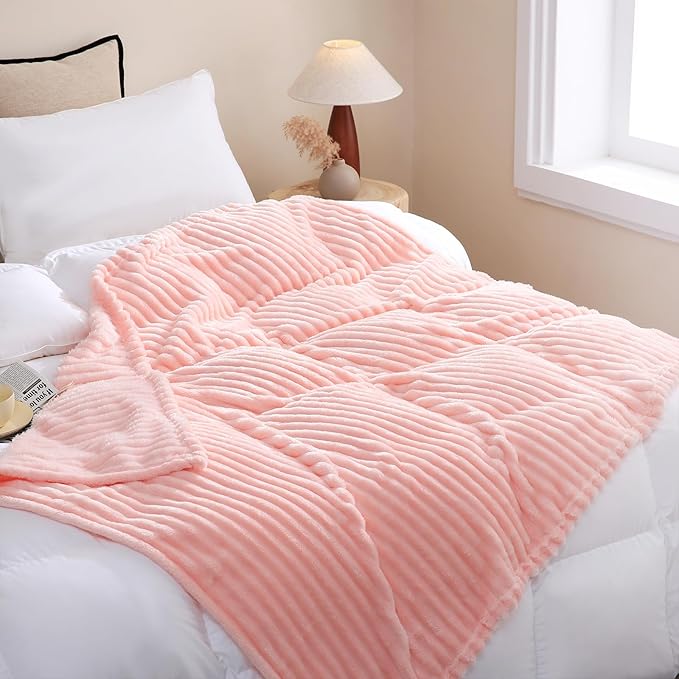 Light Pink Fleece Throw Blanket 90”×90” for Couch Sofa Bed,Super Soft Cozy Plush Microfiber Flannel Blanket with Stripes Design Lightweight for Adults,Woman,Girls