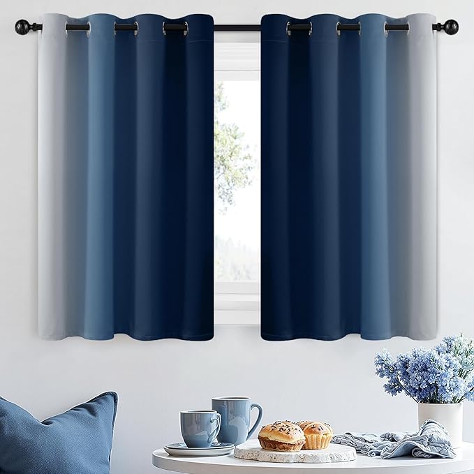 SimpleHome Ombre Room Darkening Curtains 36 inches Length for Bedroom,Grommet Gradient Light Blocking Blue Gradient Window Curtains for Living Room,2 Panels, 52x36 inches