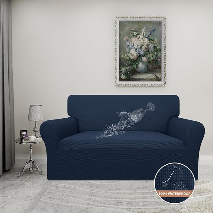 Easy-Going 100% Waterproof Oversized Loveseat Couch Cover, Dual Waterproof Sofa Cover, Stretch Jacquard Sofa Slipcover, Leakproof Furniture Protector for Kids, Pets, Dog and Cat, Dark Blue