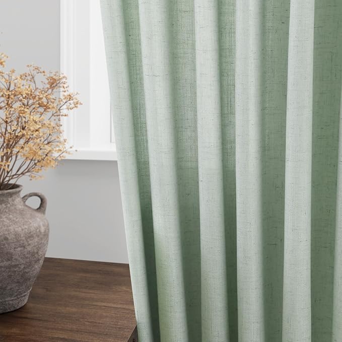 Nanspring Aqua Green Linen Curtains 108 Inches Long for Living Room Bedroom 2 Panels Set Extra Long Back Tab Curtain Light Filtering Sheer Drapes Floor to Ceiling Curtain for Large Windows 52x108
