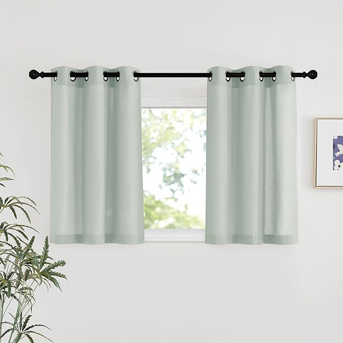 NICETOWN Sage Green Linen Kitchen Window Curtains Over Sink, Grommet Thick Linen Sage Green Short Window Treatments Privacy Assured with Light Filtering for Bedroom/Bathroom, W34 x L36, 2 Panels