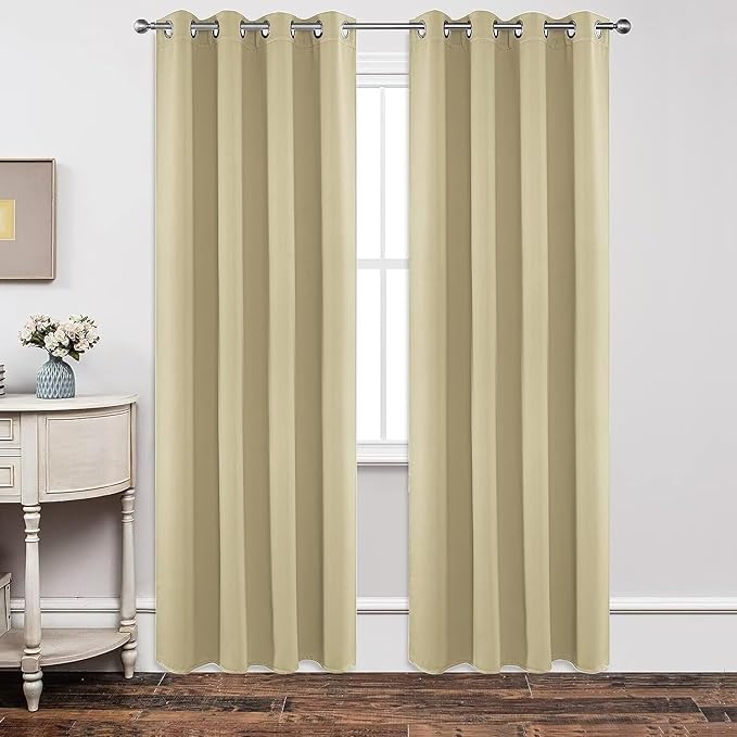 Joydeco Blackout Curtains 95 Inches Long 1 Panel, Thermal Insulated Long Curtains& Drapes 1 Piece, Room Darkening Grommet Drapes for Living Room Bedroom Window (W70 x L95 Inch, Beige)