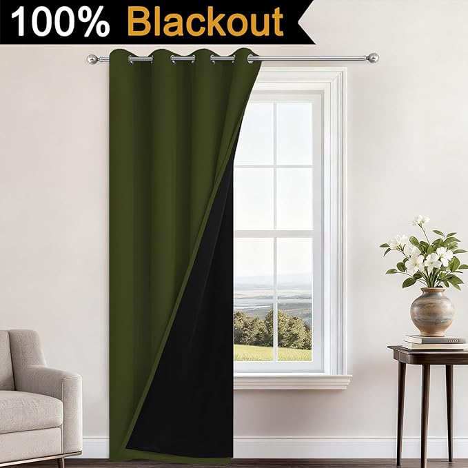 Yakamok 100% Blackout Curtains 96 Inches Long, 2 Thick Layers Heat and Full Light Blocking Soft Thermal Insulated Drapes for Bedroom(52" Wide Each Panel, Olive Green, 1 Panel)