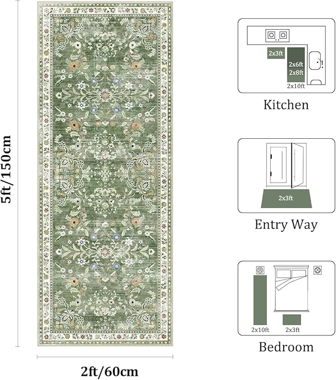 Yamaziot Washable Runner Rug 2x5 – Non Slip Boho Floral Hallway Runner Rug with Rubber Backing, Low Pile Faux Wool Distressed Carpet for Kitchen, Laundry, Bedroom, Entrance, Green